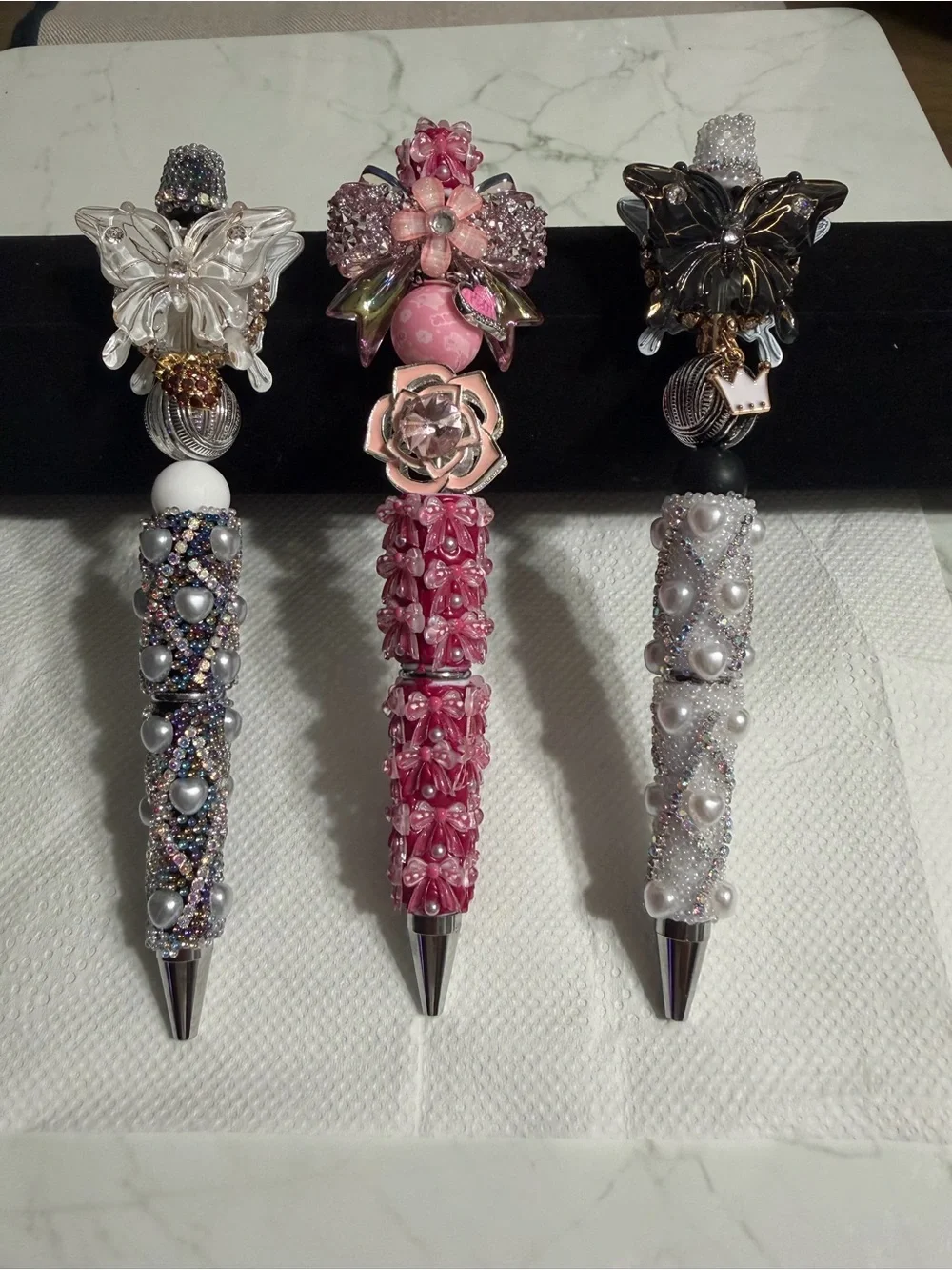 Pink Black and Silver Crystal-Embellished Ballpoint pens with small charm